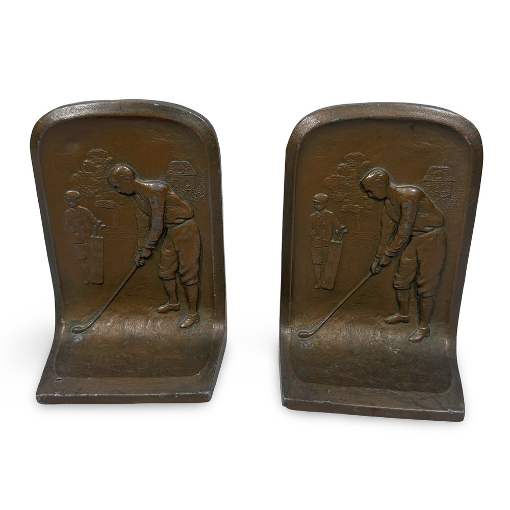 Vintage Art Nouveau Bronze Tone Cast Metal Golfer Bookends 105 Golf Decor Mens